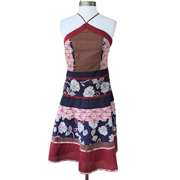 BCBGMaxAzria Halter A-line Dress Size 4 Boho Floral Patchwork Burgundy Navy - Picture 2 of 9